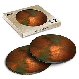 2 x Round Coasters - Copper Patina Effect Orange Colour Cork Backed MDF Glossy Tea Coffee Accessory #52740