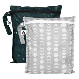 Roamio Waterproof Wet Bag for Baby, Travel, Swim Suit, Cloth Diapers, Pump Parts, Pool, Beach, Gym Clothes, Toiletry, Hook to Stroller, Daycare, Zipper Reusable Wetdry Packing, 2-pk Dk Green and Gray