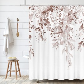 Tititex Rosy Brown Eucalyptus Shower Curtain Sets, Watercolor Leaves on The Top Plant with Floral Bathroom Decoration 60x72 Inch with Hooks