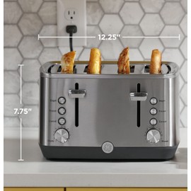 GE Stainless Steel 4 Slice Toaster | Extra Wide Slots for Bagels, Breads, Waffles & More | 7 Shade Options | Countertop Kitchen Essentials | 1500 watt