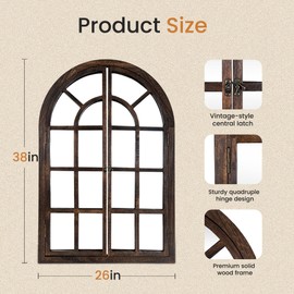 Arched Wall Mirror with Window Design, 38"x26" Rustic Farmhouse Wood Mirror for Wall Decor, Decorative Vintage Arch Mirror for Living Room, Bedroom, Entryway