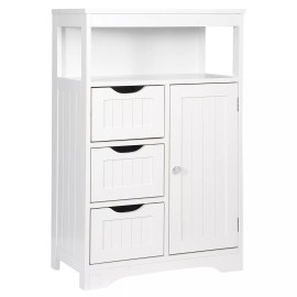 Segawe Bathroom Floor Cabinet Wooden Storage Organizer with 1 Door and 3 Drawers White