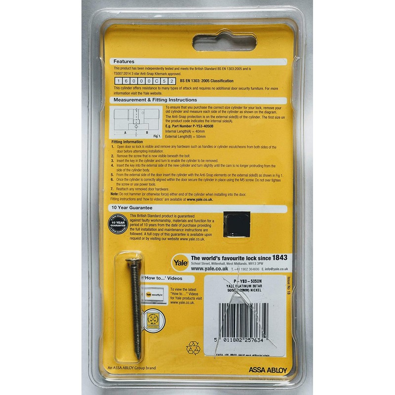 Yale Platinum 3 Star Euro Profile Cylinder PYS35050N (45/10/45-100mm) Nickle