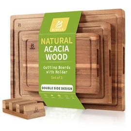 BOBELA Acacia Wood Cutting Board,Double Sided Wooden Cutting Boards for Kitchen with Deep Juice Grooves,0.8 in Thick Solid Wood Cutting Board Set with Stand for Chopping,Serving Ideal Kitchen Gifts