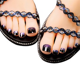 Press On Toenails Square Toe Nails Kit Sparkly False Toe Nails for Women and Girls Fake Toenails Full Cover Glitter Decorated Short False Toenails with Glue Nail Tips 24Pcs