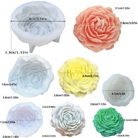 8PCS Peony Mold Four Size Large + Medium + Small +Extra Small Peony Flower Candle Molds Leaf Silicone Mold,Rose Mold with Large-Eye Wicking Needle,Candlewick for Candle Craft Making Gift Decoration