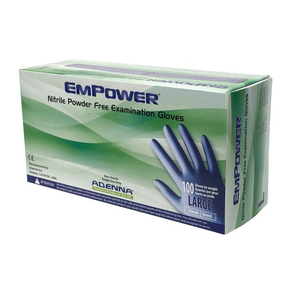 Adenna EPW446 Empower 8 mil Powder-Free Nitrile Exam Gloves, Medical Grade, Blue, Large, Box of 100
