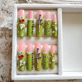 NAIL ANGEL 10PCS/SET Handmade Press on nails Metal Glitter Rhinestone Green Leopard Prints Crystal Cherry Gem Long Coffin Nails Party Nails XXL Long Artifical Tips ZJ-07 (Multi-Color, ZJ07-M)