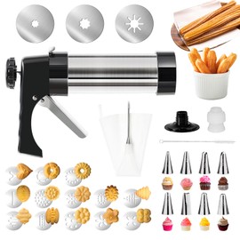 3-in-1 Churro Maker & Spritz Cookie Press Gun Kit, Stainless Steel Baking Tool with 16 Discs, 8 Icing Nozzles, Piping Bag & Cleaning Brush, Easy Press Handle for Homemade Cookies and Churros