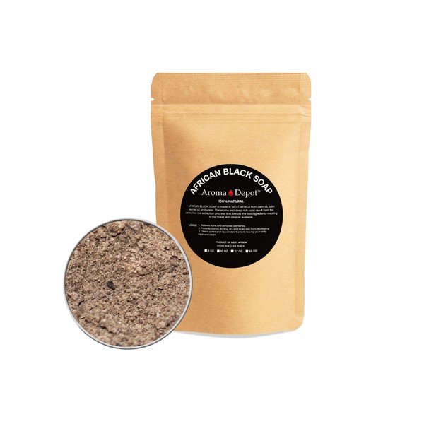 Aroma Depot Raw African Black Soap POWDER 1 lb / 16 oz Natural Raw soap for Acne, Eczema, Psoriasis, Scar Removal Face And Body Wash. Handmade and Powdered Form. Reduces Discoloration.