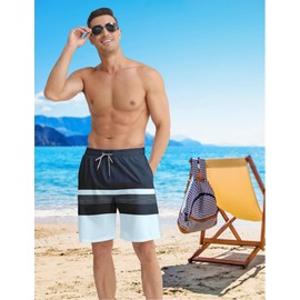 BOJIN Mens Swim Trunks Quick Dry Swim Shorts Mesh Lining Bathing Suits Swimwear Beach Shorts BS291 Black&Blue Stripe 1XL
