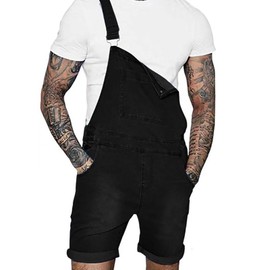 LONGBIDA Men's Denim Overalls Shorts Jean Bib Jumpsuit Casual Walkshort Summer Romper with Pockets(Black 201, 34)