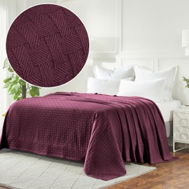 Superior 100% Cotton Basketweave Blanket, Perfect for Bedroom, Living Room, Couch, Picnics, Travel, Beach, or Camping, Comfy Blanket, Bedroom Decor, Essentials, Cover for Bed, Twin, Plum