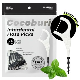 COCOBURI 2-in-1Dental Floss Picks,Soft Interdental Pick,BPA Free,Mint,75 ct