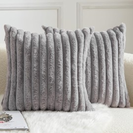 Mandioo Pack of 2 Decorative Throw Pillow Covers Faux Fur Striped Plush Soft Cushion Covers Pillow Cases Bedroom Living Room Sofa Home 18x18 Inch 45 x 45 cm Grey