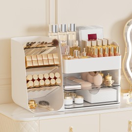 FYABREEK Makeup Organizer with 2 M Drawers & Brush Holders - Cosmetic Storage Case for Vanity, Bathroom Countertop & Desk - Skincare & Office Supplies Organizer (White, M)