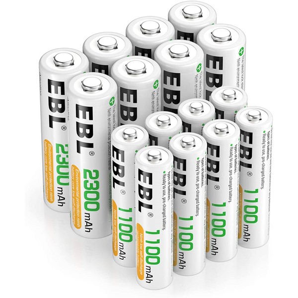 EBL AA AAA Batteries Combo 16 Sets with 8PCS AA 2300mAh and 8-Count AAA 1100mAh Rechargeable Batteries