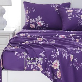 MEISHANG Extra Deep Pocket King Sheets-Floral Sheets King Size-Fit Up to 18"-24" Mattress-1800 Luxury Microfiber Bed Sheets Cooling Ultra Soft Breathable Wrinkle Free(Purple Floral)