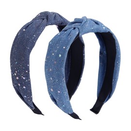 WOVOWOVO Denim Knotted Headbands for Women, Fashion Womens Hair Headband Non Slip Girls Denim Hairband Top Knot Hair Hoops Thick Head Band Hair Accessories for Women (Sparkly)