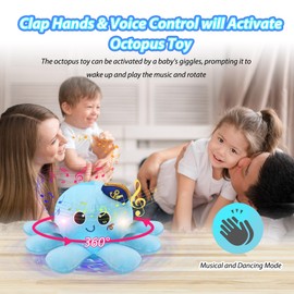 JoyyiKinddy Musical Octopus Baby Toy - Crawling & Rotating Octopus Toy with Recording, Light-Up Voice Control, Clap Hands Awake for 2-6 Year Old Boys and Girls, Tummy Time Sensory Toy