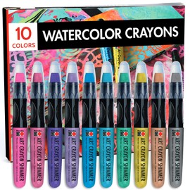 Marabu Art Crayons Shimmer Set - 10 Highly Pigmented Metallic Watercolor Crayons - Smooth and Easy Blending Water Soluble Crayons for Mixed Media Artists - Arts and Crafts for Adults