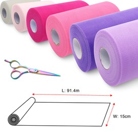 BIT.FLY Tulle Fabric Tulle Roll - 15 cm x 91.4 m White Pink Tulle Wedding Decoration Tulle Ribbon for Wedding Car Decoration Table Decoration DIY Party Celebration Bow Gift Box Decoration