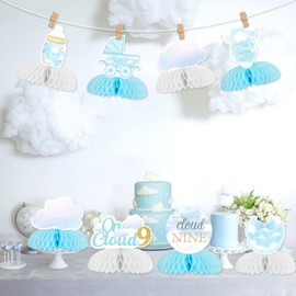 Jollyboom On Cloud 9 Baby Shower Party Table Decorations 8pcs Cloud Baby Shower Honeycomb Centerpiece Double-sided Printing Blue Baby Shower Centerpieces for Tables Boy Cloud Nine Party Decorations