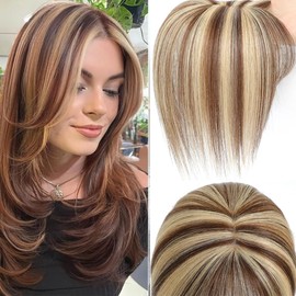 YOOSDPET Hair Toppers for Women Real Human Hair， 360°3D Cover Topper for Women with Thinning Crown Side Bangs in Bangs Realistic Scalp Line Hair Pieces (Medium Brown Mix Blonde, Side Bangs)