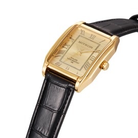 Classic Rectangular Black Leather Strap Watches for Men - 38mm Ion Polished Men Watches with Scratch Resistant Glass - 100ft Water Resistant Men's Wrist Watches (Gold Case, Gold Dial, Roman Numerals)