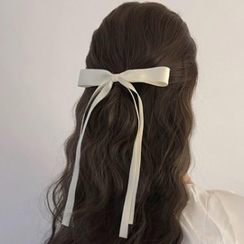 Sttiafay Hair Ribbons for Women Long Tail Ribbon Hair Bows Clip White Satin Bow Barrettes Ribbon Tassel Hair Accessories Silky French Hair Bowknot Barrettes Headdress