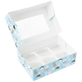 Baked with Love Christmas Friends Cupcake Boxes, Twin Pack, To Carry Tasty Festive Treats, Dual Insert for 6 Standard or 12 Mini Cupcakes or Muffins, Snowman, Santa, Rudolph, And Penguin, Pack of 2