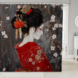 Loussiesd Bathroom Japan Geisha Shower Curtain 180 x 200 cm for Stands Cherry Blossom Couch Blanket Japanese Style Shower Curtain Textile Japanese Tradition Aesthetic Shower Curtain