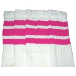 Skater Socks 22” KNEE HIGH WHITE tube socks with HOT PINK stripes style 1 (22-100)