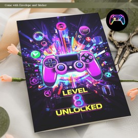 MOSSSH 8th Birthday Greeting Cards, Neon Video Game Themed Birthday Card for Boys, Envelope and Sticker