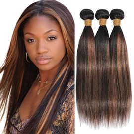 BilltiiWW Brown With Highlight P1B30 Straight Bundles 1B and Light Brown Straight Bundles two tone Brazilian Hair Extensions Soft and Silky for Women 14 16 18 Inch