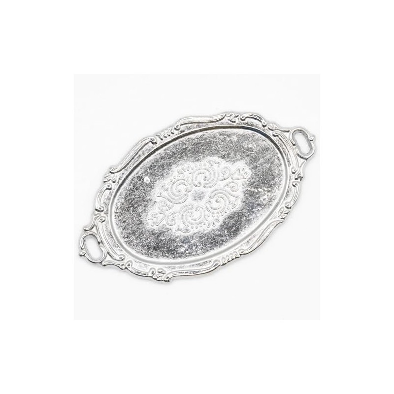 Dollhouse Miniature Silver Oval Serving Platter with Two Handles -