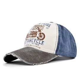 LONGTEN Vintage Baseball Cap 100% Cotton Washed Denim Trucker Cap Motorcycle Print Pattern Outdoor Sun Hat for Man Women A