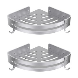 Shower Corner Shelf, Bathroom Shelves, Rustproof Thickened Aluminum , Wall Mounted No Drilling Triangle Shower Caddy Basket with Hook, Bathroom Shelf Organiser for Bathroom Kitchen (2 Packs, Silver)