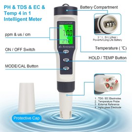 flintronic 4-in-1 PH Meter, PH/TDS/EC Temperature Tester with Backlight, 0-14 pH Measuring Range ± 0.1 pH Accuracy, PH Value Meter Pool Drinking Water Swimming Pool Aquarium