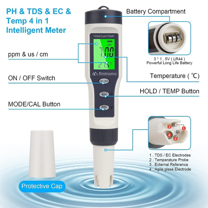 flintronic 4-in-1 PH Meter, PH/TDS/EC Temperature Tester with Backlight, 0-14