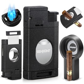 SEMKONT Triple Jet Flame Cigar Lighter with Cutter, Windproof Butane Refillable Torch, 2 in 1 Multifunctional Cigar Lighter Gift Accessories Ashtray Set (Black)