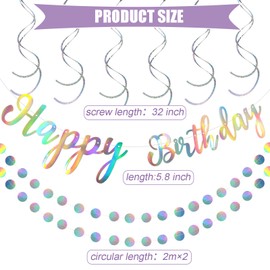 Zonon Happy Birthday Banner Iridescent Birthday Party Decoration Shiny Happy Birthday Sign Circle Garlands Holographic Hanging Dots Streamer Backdrop for Iridescent Birthday Party Favor Supplies