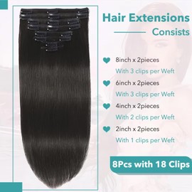 Clip in Hair Extensions Real Human Hair Clip ins Remy Human Hair Clip in Extensions Black Women Invisible Natural Straight Seamless Clip on Hair Extensions 8pcs With 18 Clips Double Weft 20inch