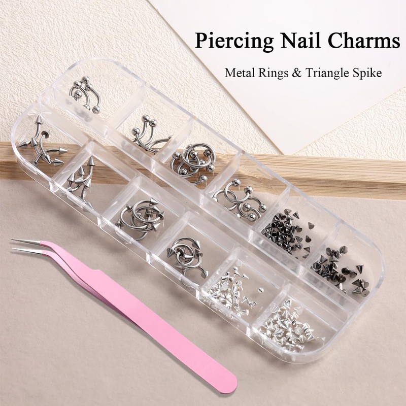 Furtherpretty Piercing Nail Charms Set, 3D Silver Alloy Goth Punk