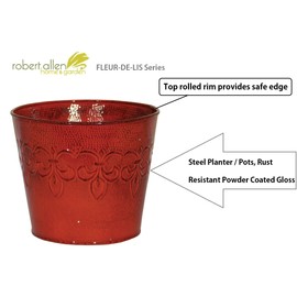 Robert Allen MPT01641 Fluer De Lis Series Metal Planter Flower Pot, 10, 6", Cayenne Red