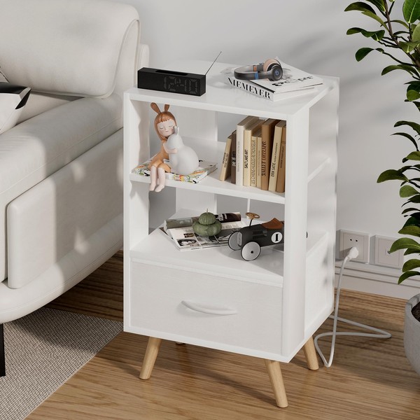 Aenuert Night Stand with Charging Station, White Kids Nightstand with