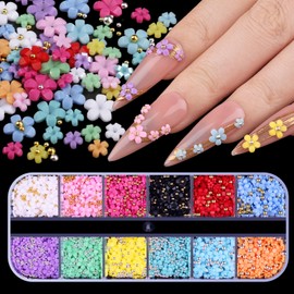 editTime 3D Colorful Flower Nail Art Charms, White Pink Acrylic Cherry Blossom Spring Petal Metal Gold Silver Round Caviar Beads Studs Pearl Rhinestones for Manicure Craft DIY (7-K3-solid)