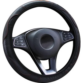 Uandhome Car Steering Wheel Cover Leather, Anti-Slip Breathable Carbon Fiber Sports Elastic Band Without Inner Ring Steering Wheel Cover Universal Size 37-39cm /14.5-15inch (Black)