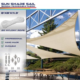 Windscreen4less 8' x 8' x 11' Right Triangle Sun Shade Sail with 6 inch Hardware Kit - Light Grey Durable UV Shelter Canopy for Patio Outdoor Backyard - Custom
