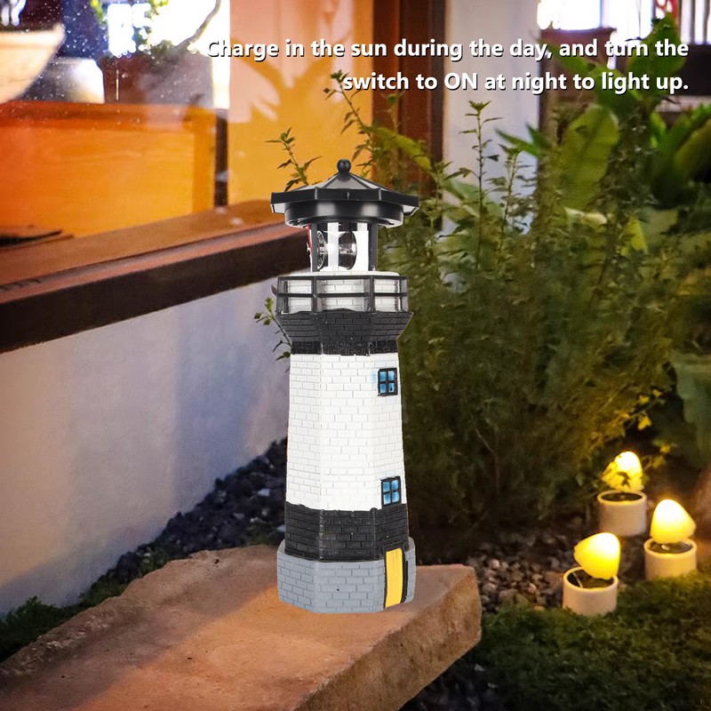 Solar Lighthouse 360 Degree Rotating Lighthouse Decoration Fadeless Resin LED